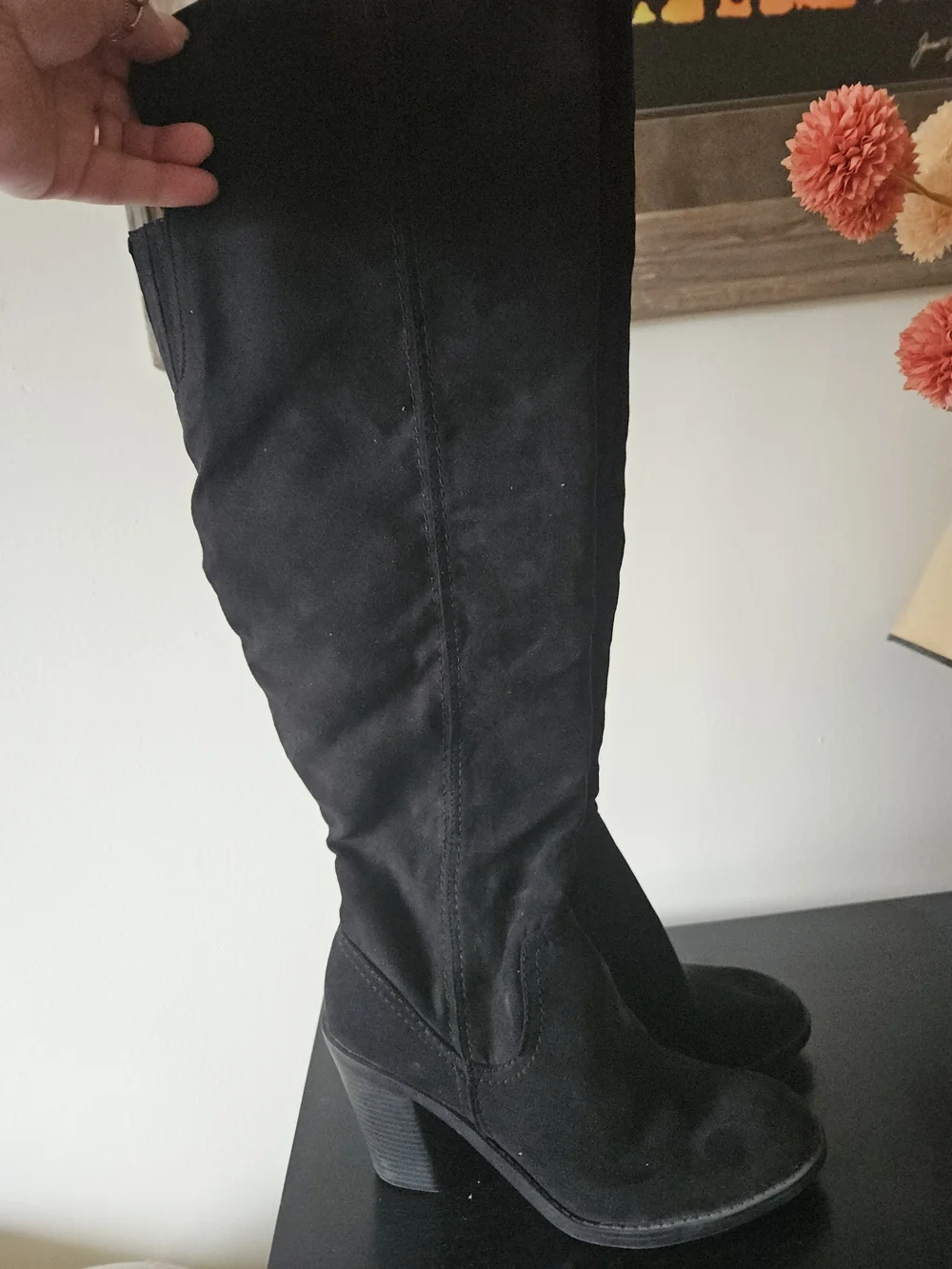 Never Worn. Classic Black Knee-High Heeled Boots - Women's Suede Style 8.5